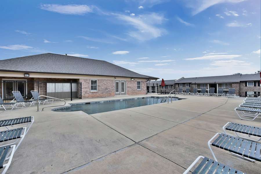 a pool and a building
