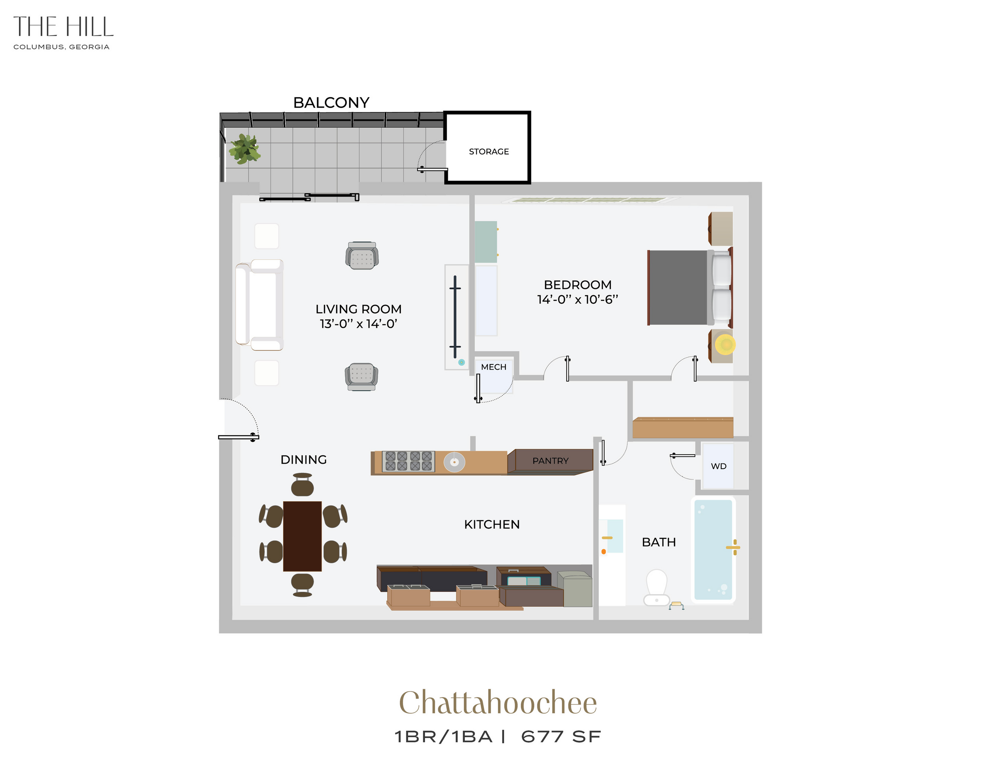 A 3D image of the 1BR/1BA floorplan, a 677 squarefoot, 1 bed / 1 bath unit