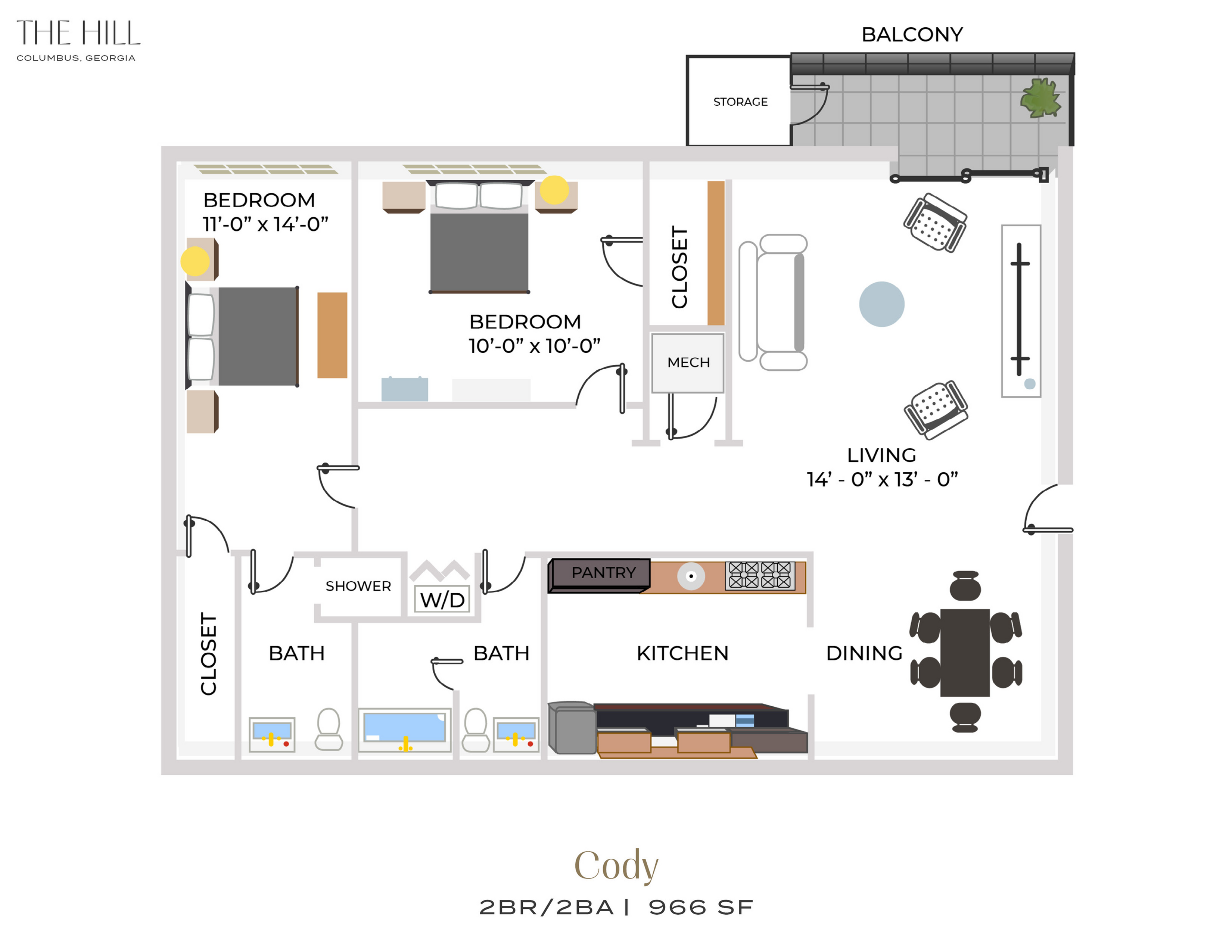 A 3D image of the 2BR/2BA floorplan, a 966 squarefoot, 2 bed / 2 bath unit