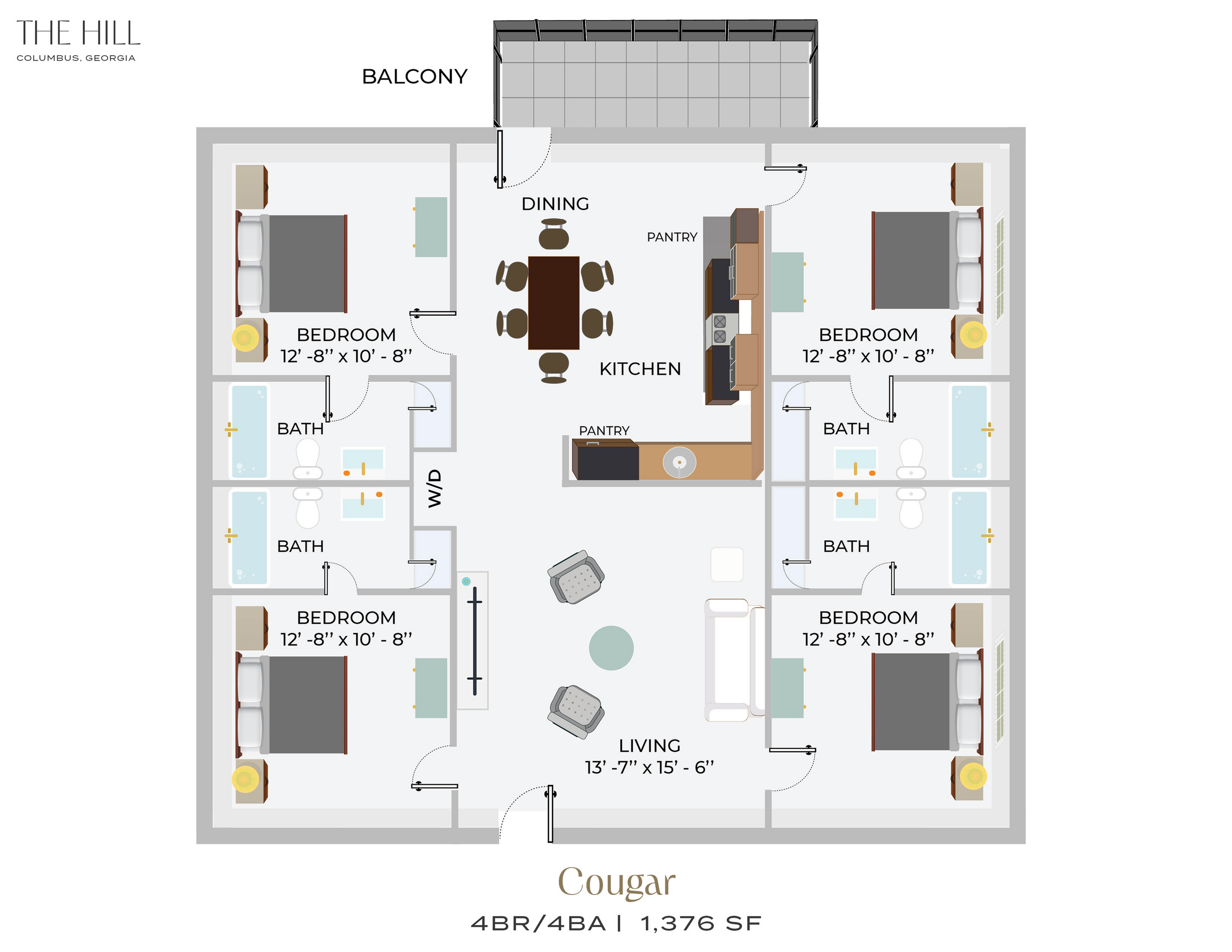 A 3D image of the 4BR/2BA floorplan, a 1368 squarefoot, 4 bed / 2 bath unit