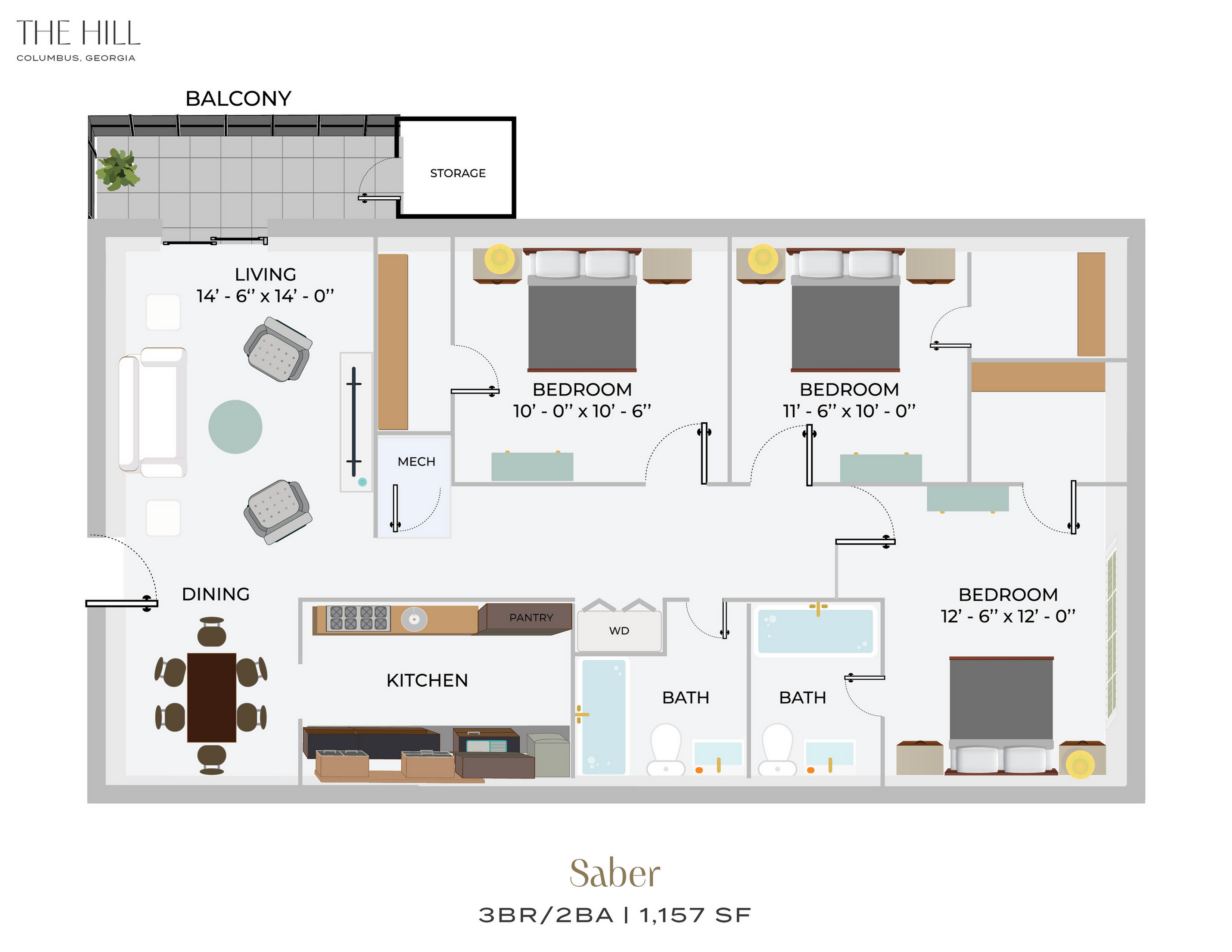 A 3D image of the 3BR/2BA floorplan, a 1158 squarefoot, 3 bed / 2 bath unit